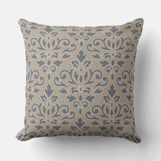 Scroll Damask Big Pattern Cream Line Blue Sand Throw Pillow (Front)