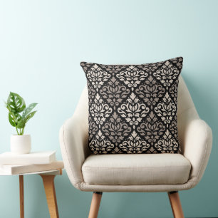 Scroll Damask Big Pattern Taupe Cream Black Throw Pillow