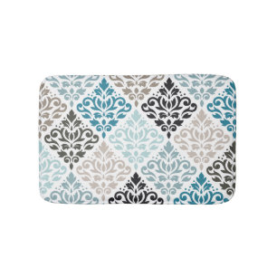 Scroll Damask Big Pattern Teals Browns White Bath Mat