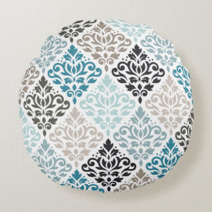 Scroll Damask Big Pattern Teals Browns White Round Pillow