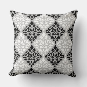 Scroll Damask Big Ptn B&W on Gray Throw Pillow