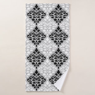 Scroll Damask Big Ptn B&W on Grey Bath Towel