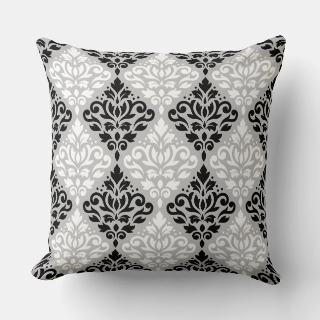 Scroll Damask Big Ptn B&W on Grey Throw Pillow (Front)