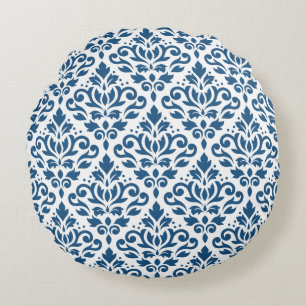 Scroll Damask Big Ptn Dk Blue on White Round Pillow