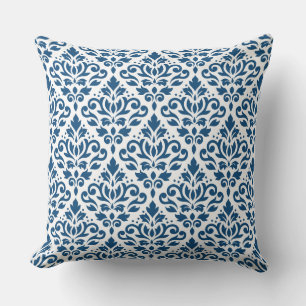 Scroll Damask Big Ptn Dk Blue on White Throw Pillow