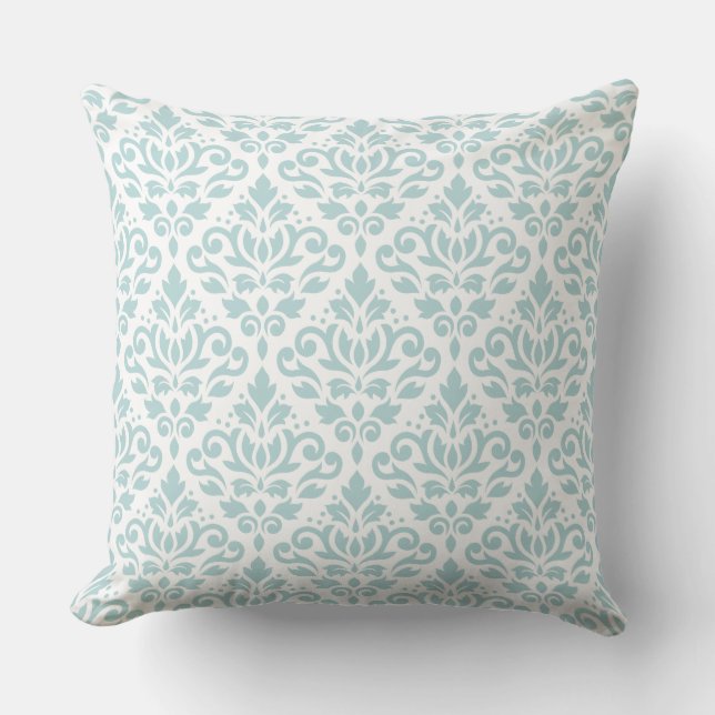 Scroll Damask Big Ptn Duck Egg Blue (B) on White Throw Pillow (Front)