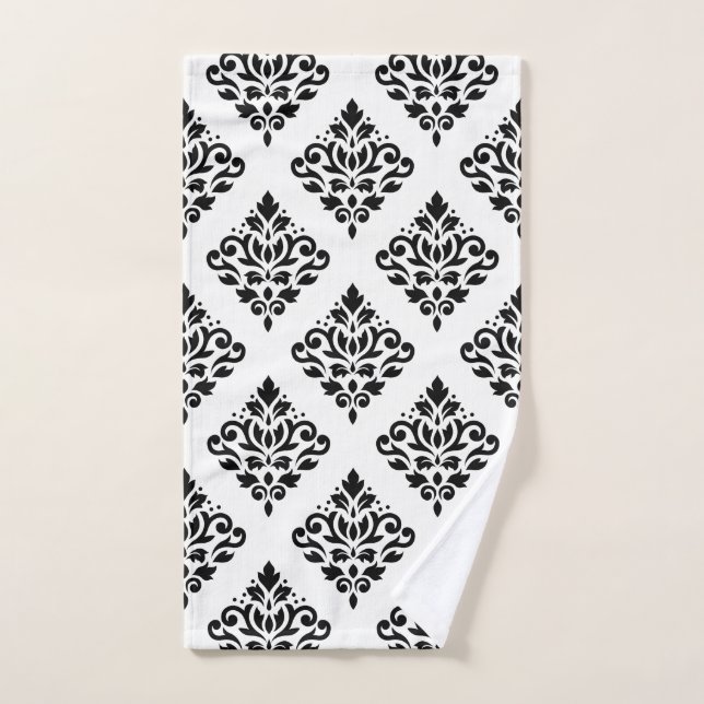 Scroll Damask Big Ptn II Black on White Hand Towel (Hand Towel)