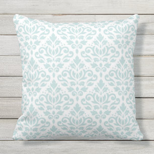 Scroll Damask Big Ptn Lt Duck Egg Blue on White Outdoor Pillow