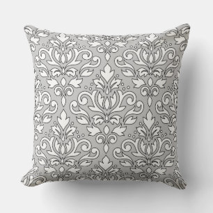 Scroll Damask Big Ptn White (Black line) Gray Throw Pillow