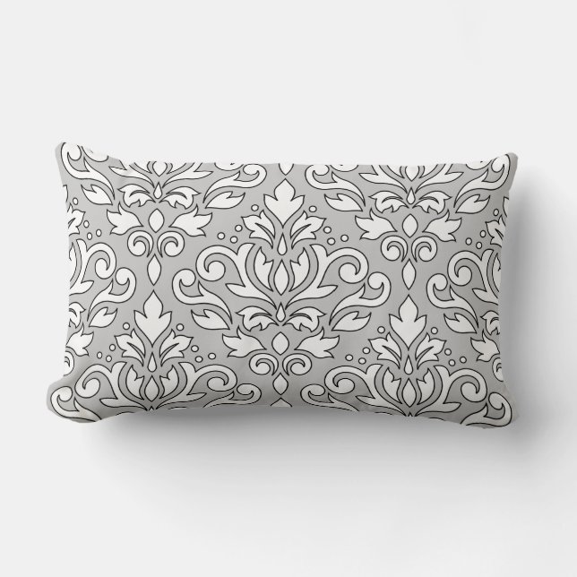 Scroll Damask Big Ptn White (Black line) Grey Lumbar Pillow (Front)
