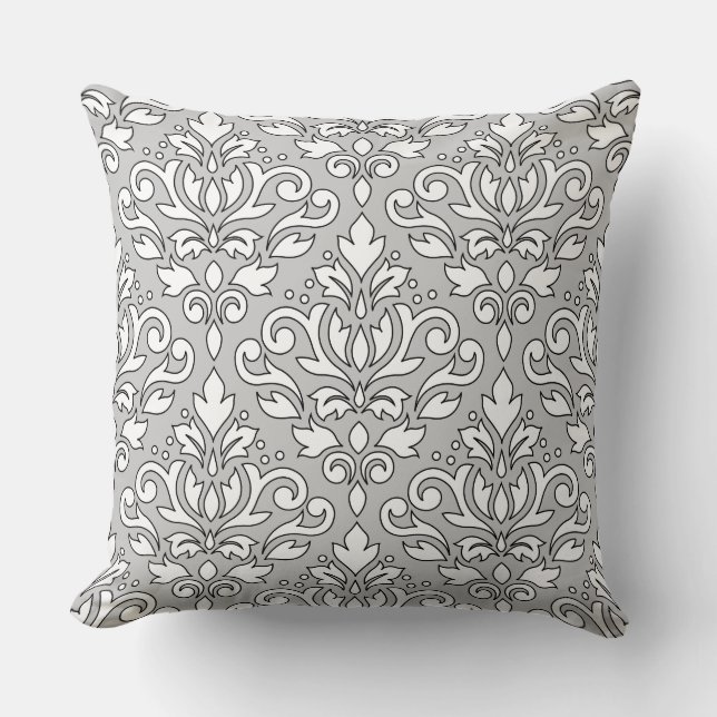 Scroll Damask Big Ptn White (Black line) Grey Throw Pillow (Front)