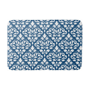 Scroll Damask Big Ptn White on Dk Blue Bath Mat