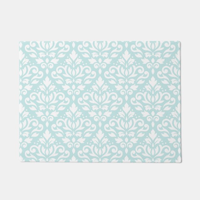 Scroll Damask Big Ptn White on Duck Egg Blue Doormat (Front)