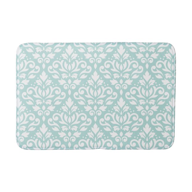 Scroll Damask Big Ptn White on Lt Teal Bath Mat (Front)
