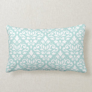 Scroll Damask Big Ptn White on Lt Teal Lumbar Pillow
