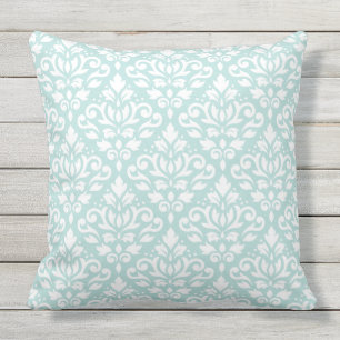 Scroll Damask Big Ptn White on Lt Teal Outdoor Pillow