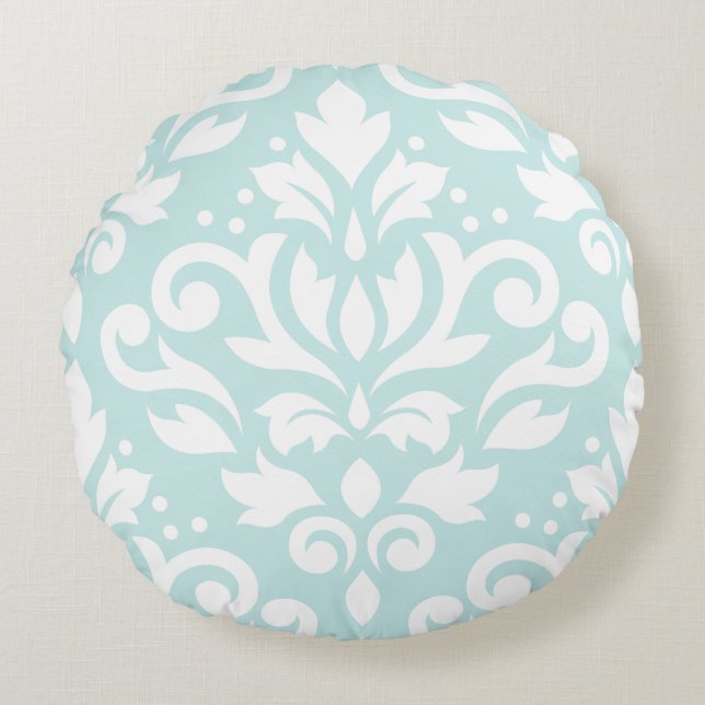 Scroll Damask Design White on Duck Egg Blue Round Pillow (Front)