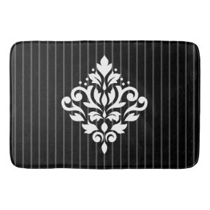 Scroll Damask Design White on Grey Stripes & Black Bath Mat