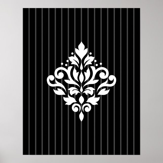 Scroll Damask Design White on Grey Stripes & Black Poster (Front)