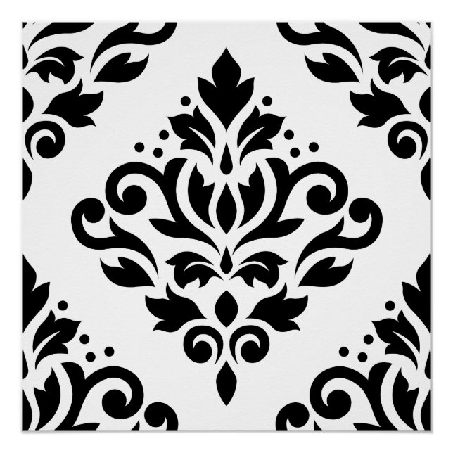 Scroll Damask Large Design (B) Black on White Poster (Front)