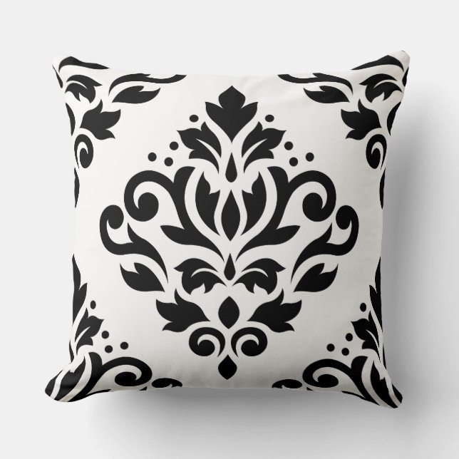 Scroll Damask Large Design (B) Black on White Throw Pillow (Front)