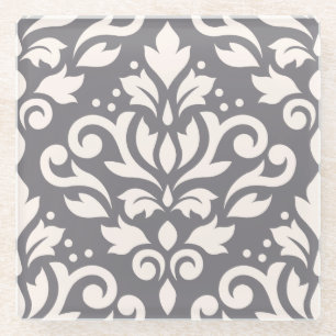 Scroll Damask Large Design Cream on Grey Glass Coaster
