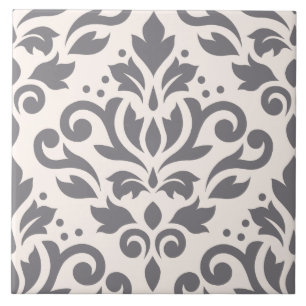 Scroll Damask Large Design Grey on Cream Tile