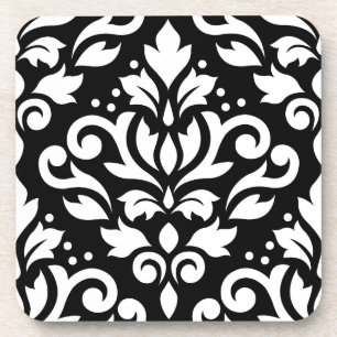 Scroll Damask Large Design White on Black Coaster