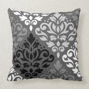 Scroll Damask Large Off-Set Ptn BW & Greys Throw Pillow