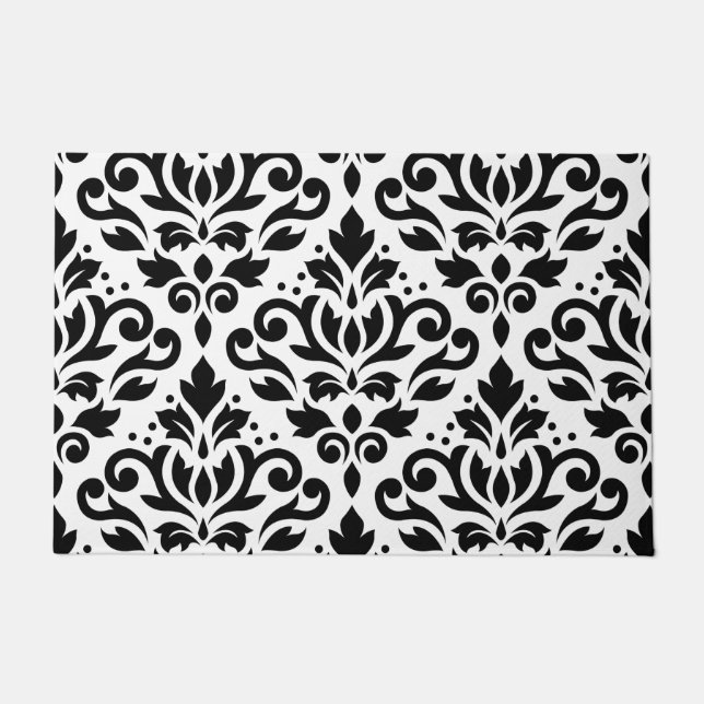 Scroll Damask Large Pattern Black on White Doormat (Front)