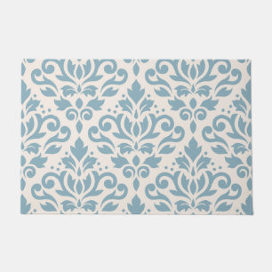 Scroll Damask Large Pattern Blue on Cream Doormat