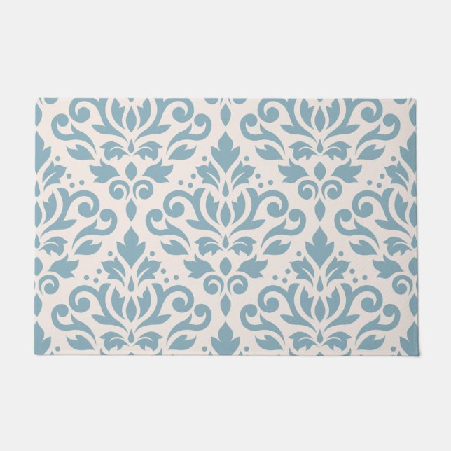 Scroll Damask Large Pattern Blue on Cream Doormat (Front)
