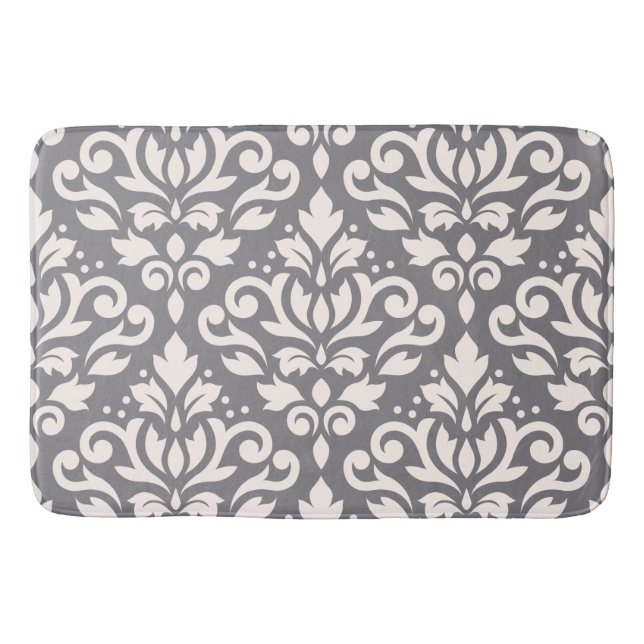 Scroll Damask Large Pattern Cream on Grey Bath Mat (Front)
