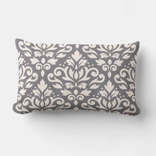 Scroll Damask Large Pattern Cream on Grey Lumbar Pillow (Front)