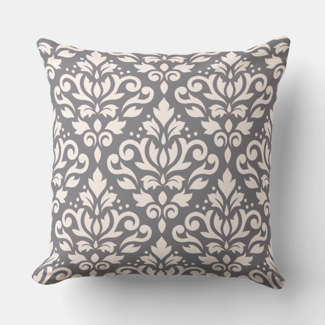 Scroll Damask Large Pattern Cream on Grey Throw Pillow (Front)