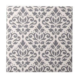 Scroll Damask Large Pattern Grey on Cream Tile