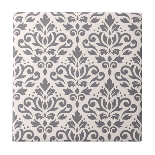 Scroll Damask Large Pattern Grey on Cream Tile (Front)