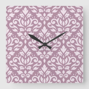 Scroll Damask Large Pattern Pink on Mauve Square Wall Clock