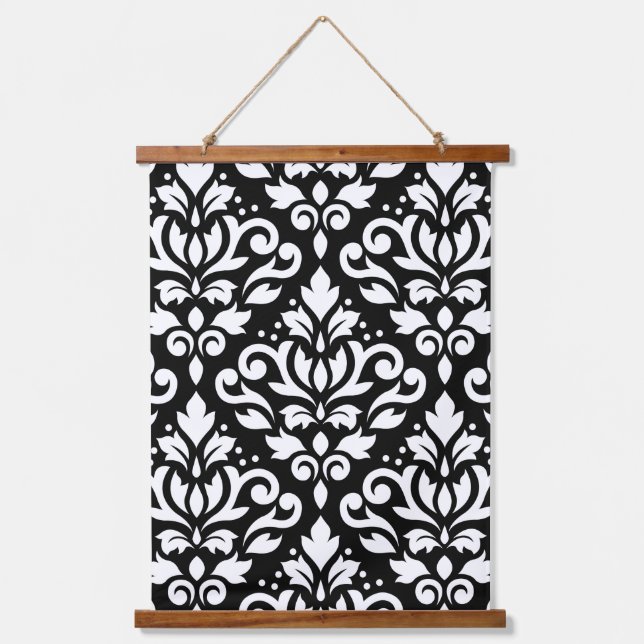 Scroll Damask Large Pattern White on Black Hanging Tapestry (Front)