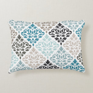 Scroll Damask Lg Pattern Art Teals Browns White Accent Pillow