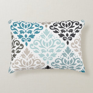 Scroll Damask Lg Pattern Art Teals Browns White Accent Pillow