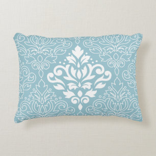Scroll Damask Lg Pattern Mid White+Line on Blue Accent Pillow