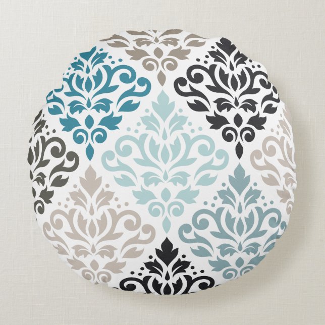 Scroll Damask Lg Pattern Teals Browns White Round Pillow (Front)