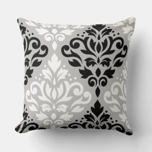 Scroll Damask Lg Ptn Art B&W on Grey Throw Pillow
