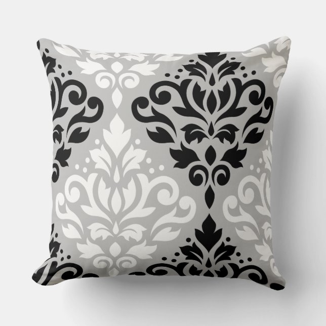 Scroll Damask Lg Ptn Art B&W on Grey Throw Pillow (Front)