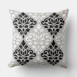 Scroll Damask Lg Ptn B&W on Grey Throw Pillow