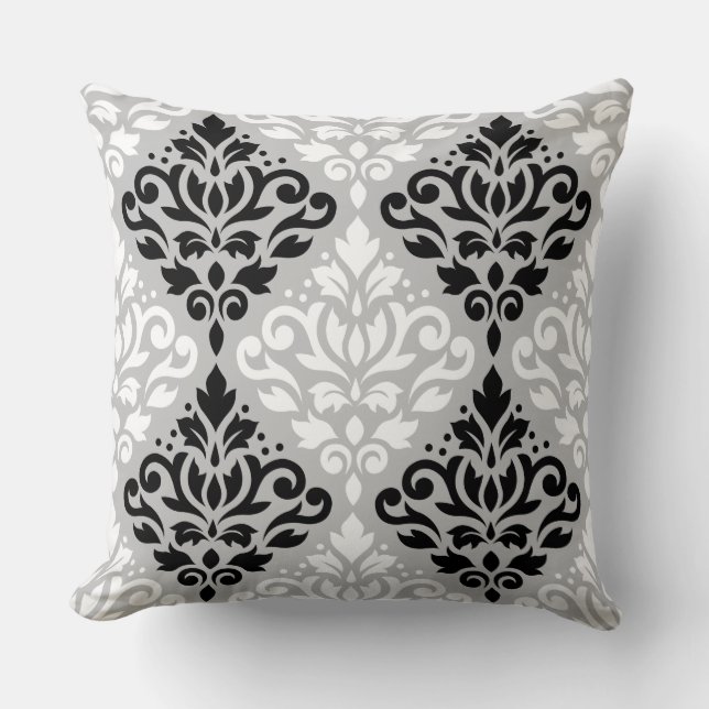Scroll Damask Lg Ptn B&W on Grey Throw Pillow (Front)