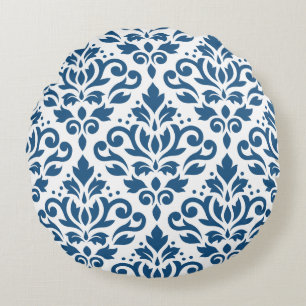 Scroll Damask Lg Ptn Dk Blue on White Round Pillow
