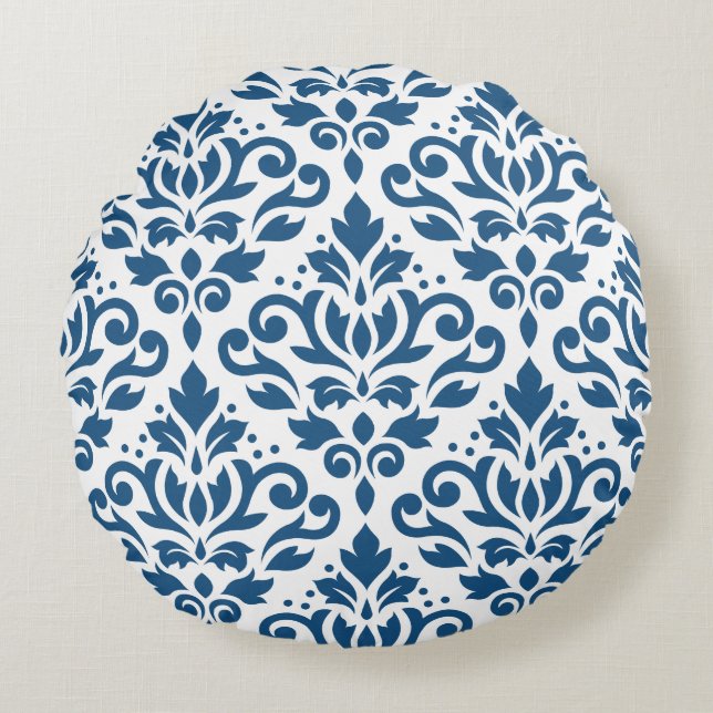 Scroll Damask Lg Ptn Dk Blue on White Round Pillow (Front)