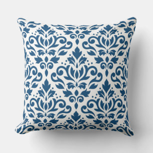 Scroll Damask Lg Ptn Dk Blue on White Throw Pillow